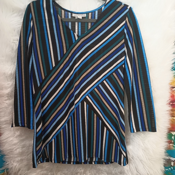 Dana Buchman Blue Green Black White and Tan Striped Long Sleeve V Neck Top L - Picture 4 of 8